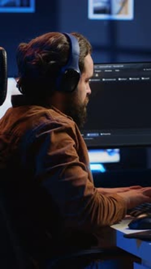 Administrateur informatique utilisant la configuration de bureau multi-écrans et un ordinateur portable pour terminer ses tâches