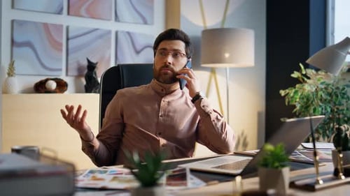 Business Man Speaking Smartphone at Workplace Entrepreneur Calling Phone Office