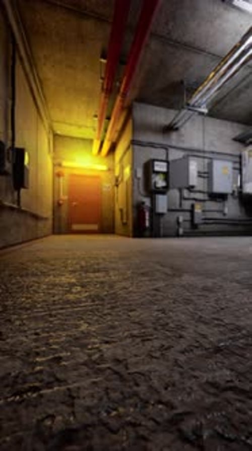 Abandoned Underground Parking Garage With Yellow Light