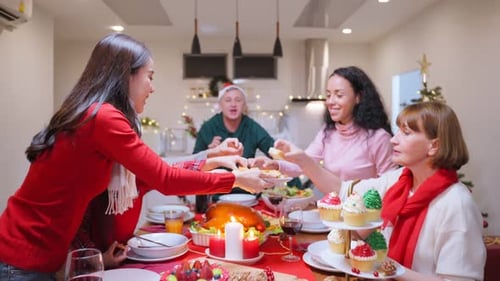 Family Celebrates Christmas with Festive Dinner at Home