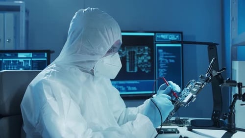 Microelectronics Engineer Works in a Modern Scientific Laboratory on Computing Systems and