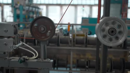 Cable Production Process Mechanism in a Cable Factory Creative Industrial Background with Spinning