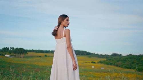 Romantic Woman Contemplating Pasture Enjoying Nature Back View Girl Posing