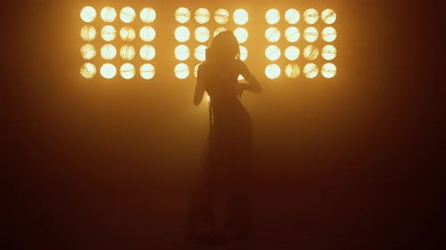 Ansicht einer Sängerin, die ein Lied auf der Nachtclub-Bühne aufführt. Unerkennbar Sexy