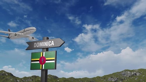 Dominica Flag With Airplane And Arrow Sign
