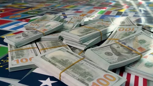 Stacks of Cash on International Flags Background