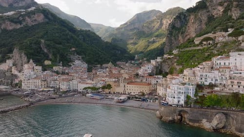 Beautiful panoramic view of Amalfi village in Amalfi coast of Italy during sunset