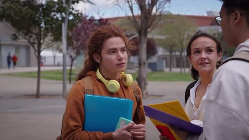Group Cheerful Students Gathered Together Outdoors Multiracial College Classmates Enjoy Recreation