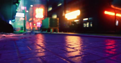 Vibrant Urban Street at Night with Neon Lights and Reflections