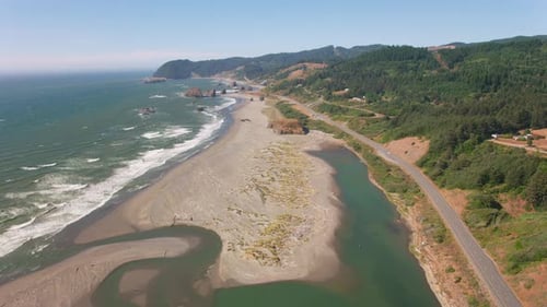 Oregon coast aerial views over Pacific Ocean beaches and forests