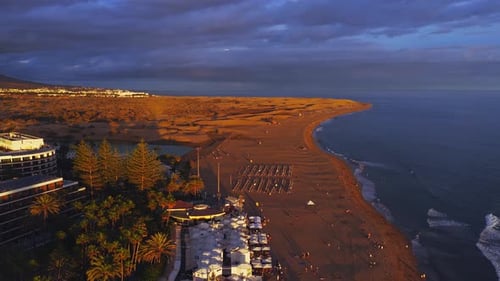 Aerial view of beautiful beach resort at sunset