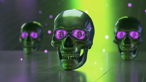 Metallic Skull with Glowing Bitcoin Eyes Rotating Slightly on a Green Background with Purple Lights