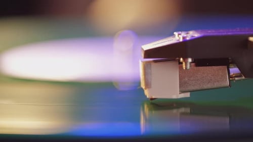Close-up of Vinyl Record Spinning on Turntable