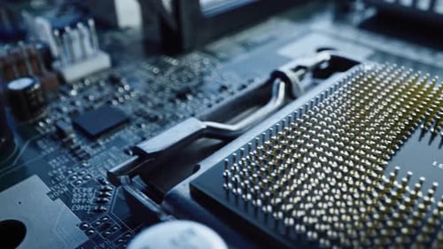 Tracking Macro Camera Shot: Focus on a CPU Processor Socket. Printed Circuit Board / Computer Mothe