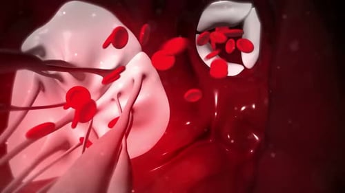 Red blood cells moving through a beating human heart valve