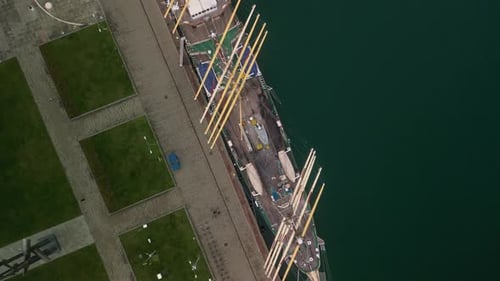 Aerial Top View of the Big Beautiful Boat in the Harbour in Gdynia Poland Port