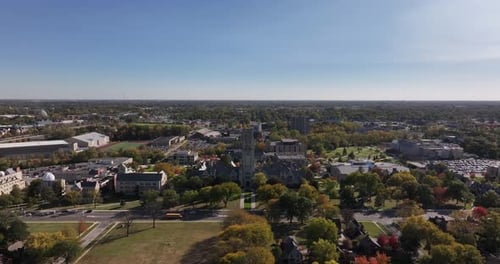 Aerial view of Gothic building with tower, United States.