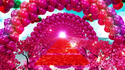 Looped cartoon rainbow road with colorful balloons