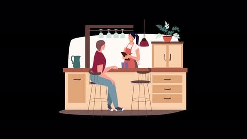 European man interacting with a woman in a cozy kitchen scene