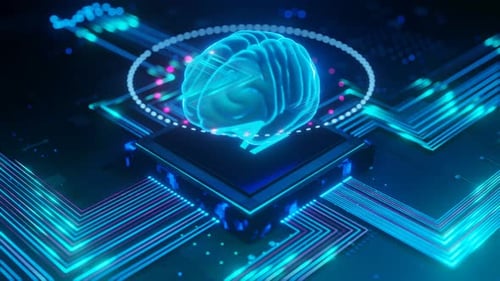 Glowing Hologram Brain Above Circuit Board, Digitalization Process with Energy Pulse Expansion.