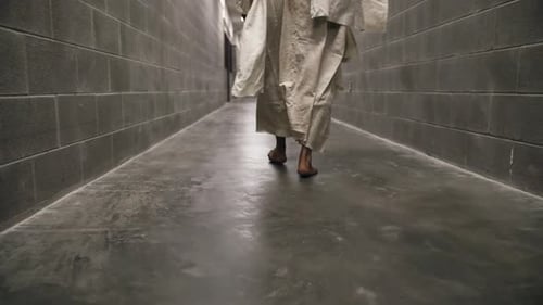 Jesus Wearing White Robe Walks In Prison Hallway In Slow Motion