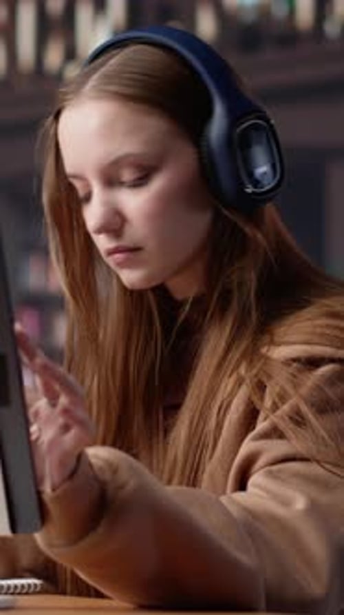 Vertical Video Young Female Adult Listening to Therapy Music and Working on Her Bachelor Paper