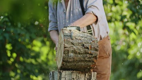 Adult Chopping Thick Log with Chainsaw Outdoors