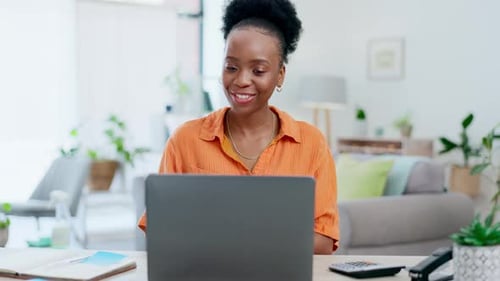Laptop, wave and black woman on video call in home office, online meeting or webinar