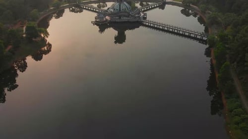 Aerial view of abandoned waterpark at sunrise, Vietnam.