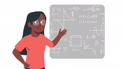 woman with glasses solving mathematical calculations on a board animation 4k on alpha channel