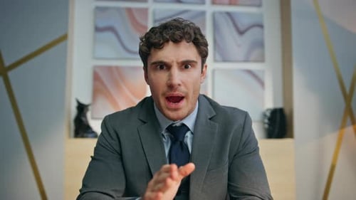 Furious Manager Arguing Videocall at Office Pov Portrait Man Examining Papers