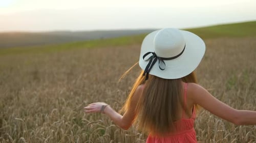 Happy Long Haired Young Woman in Red Summer Dress Spinning Around on Golden Wheat Field at Sunset