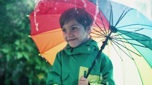 Happy Preschool Child Boy Under Umbrella During Rain Smiling Kid in Raincoat Enjoys Autumn Weather