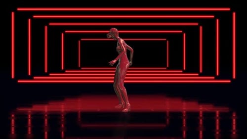 Woman in virtual reality futuristic red neon environment walking through frames