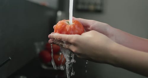 Vídeo en cámara lenta de las manos de una mujer sobre cómo lavar un tomate con agua corriente del grifo