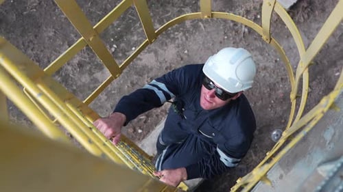 Man Climbing a Ladder at an Industrial Site