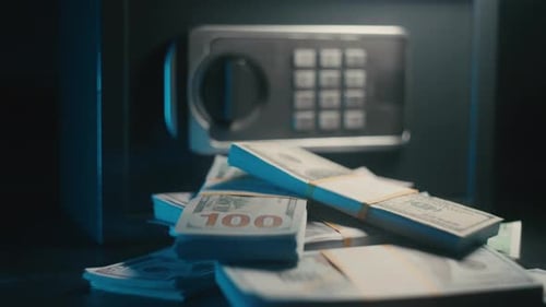 Stacks of Cash in Front of Safe
