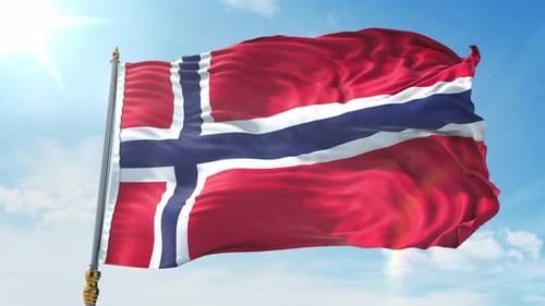 Realistic Waving Norway Flag Against Blue Sky Loop