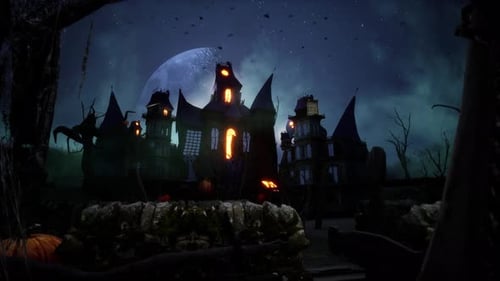 Cinematográfico de Casa Assombrada de Halloween com morcegos e abóboras sob lua assustadora