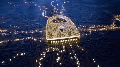 Digitales Sicherheitshologramm des virtuellen Schlosssymbols auf der Leiterplatte, Konzept des Finanzdatenschutzes und