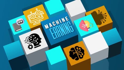 Concept of Machine Learning Title With Icons on 3D Cube Animation