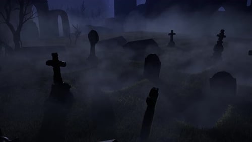 An old abandoned cemetery with empty graves next to ancient ruins. Halloween. 3D rendering.