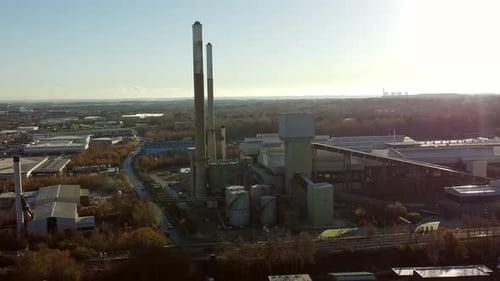 Pilkington glass factory warehouse buildings aerial view towards industrial manufacturing facility