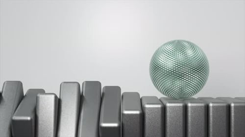 Futuristic 3D Animation of a Textured Teal Sphere Rolling Over Grey Mechanical Gears Sleek and