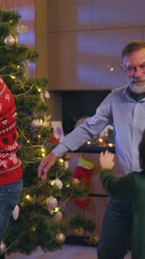 Family Dancing near Christmas Tree at Home