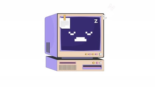 Retro computer with sleepy zzz pixel face and sticky note 2D cartoon object animation