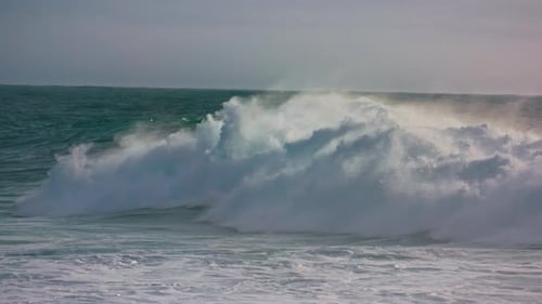 Storm Waves Rolling Ocean Surface Making White Foam. Powerful Surf Barreling In
