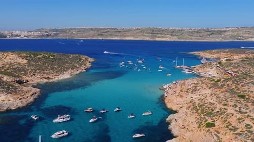 Aerial View of Blue Lagoon Comino Island Malta with Boats