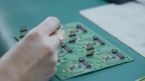 Close Up of Engineer Does Computer Motherboard Soldering Creative Painstaking Work of Soldering a