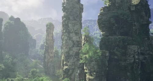 Majestic Rock Formations Rise Amidst Lush Greenery in a Serene Landscape